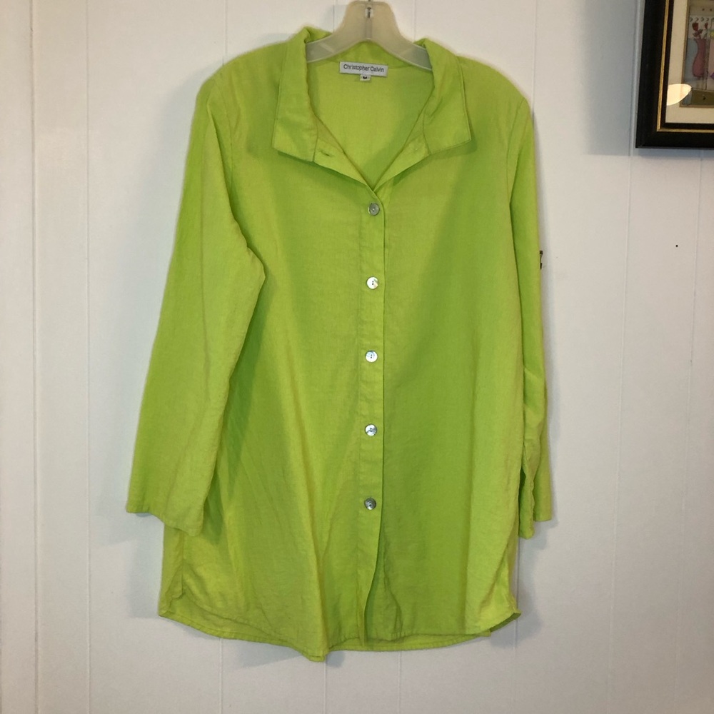 Christopher Calvin Lime Green Button-Down Shirt - Relaxed Fit Tunic Medium